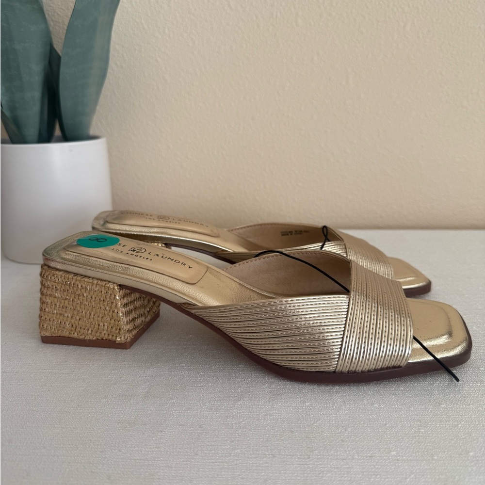 New Chinese Laundry Gold Vegan Block Heel Slide Sandals - Picture 2 of 12